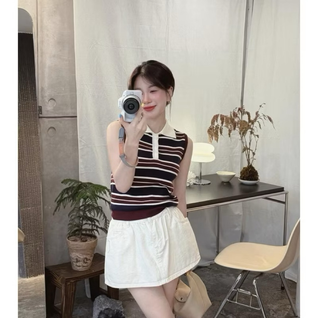 [Hàng sẵn] Áo len sát nách cổ bẻ họa tiết kẻ hàng QCL1 A124