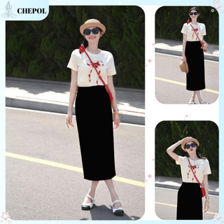 Set ( Áo  Trắng+ Chân Váy Xuông ) Áo Phông Nữ Chepol UNISEX ,Cổ Tròn, Tay Ngắn ,Chất Cotton Co Dãn 2 Chiều CP_11697