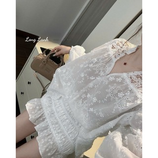 Set áo sơ mi ren họa tiết hoa chun ống tay phối chân váy nhún bèo xinh xắn cá tính cho nàng đi chơi – BaoTrang.clothes