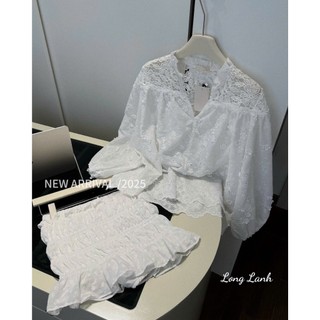 Set áo sơ mi ren họa tiết hoa chun ống tay phối chân váy nhún bèo xinh xắn cá tính cho nàng đi chơi – BaoTrang.clothes