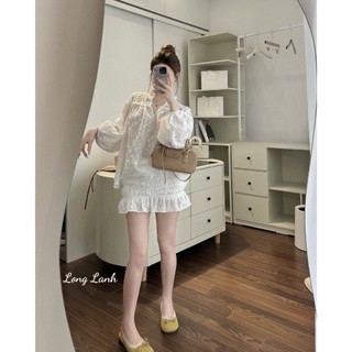 Set áo sơ mi ren họa tiết hoa chun ống tay phối chân váy nhún bèo xinh xắn cá tính cho nàng đi chơi – BaoTrang.clothes