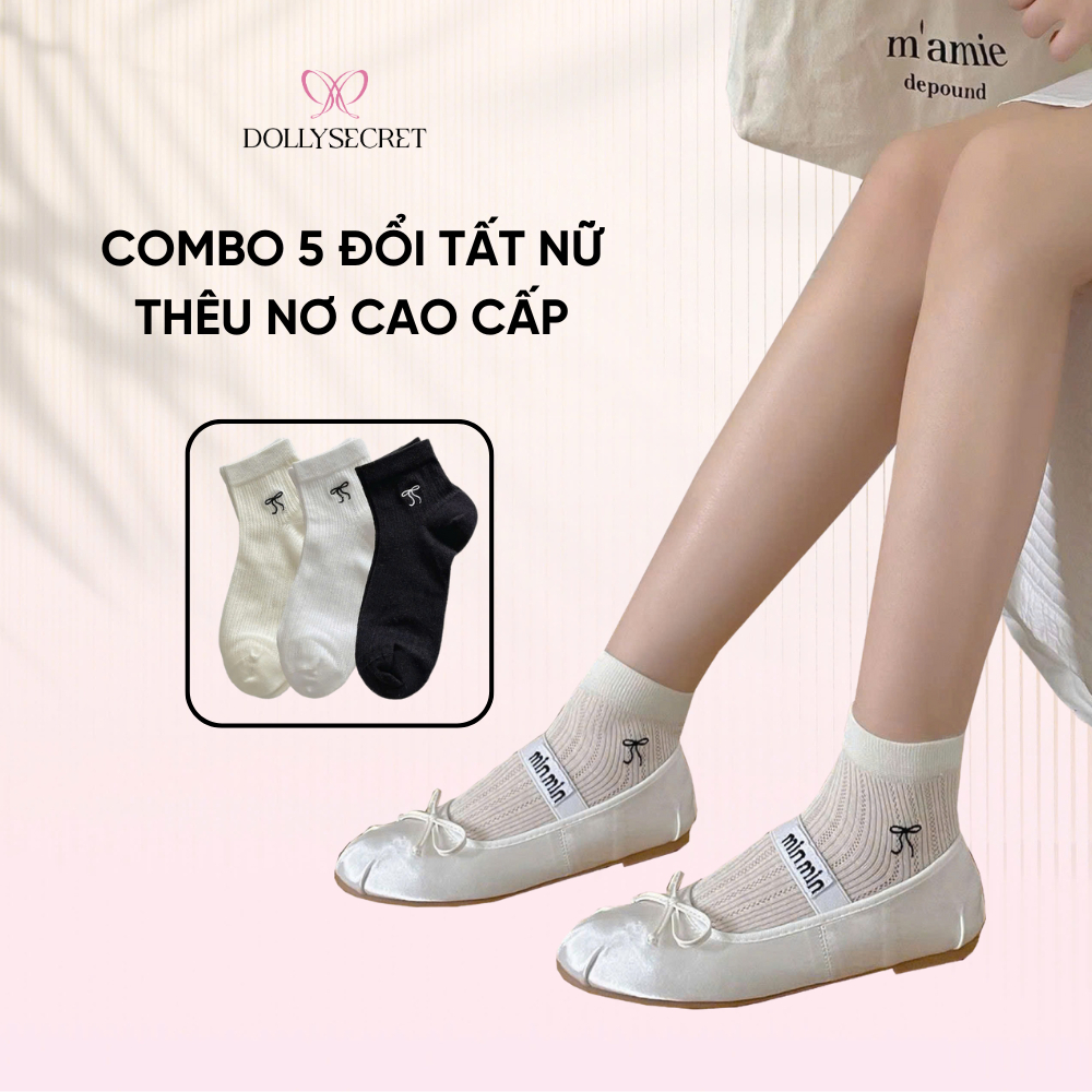 Set 5 Đôi Tất Nữ Cổ Ngắn Thêu Nơ DOLLY SECRET Tất Mỏng Mùa Hè Thoáng Khí Lưới Cotton T02