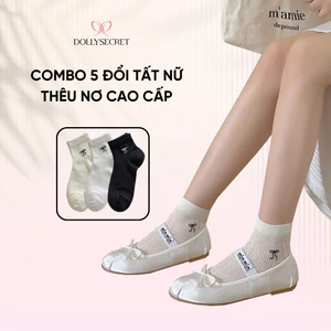 Set 5 Đôi Tất Nữ Cổ Ngắn Thêu Nơ DOLLY SECRET Tất Mỏng Mùa Hè Thoáng Khí Lưới Cotton T02
