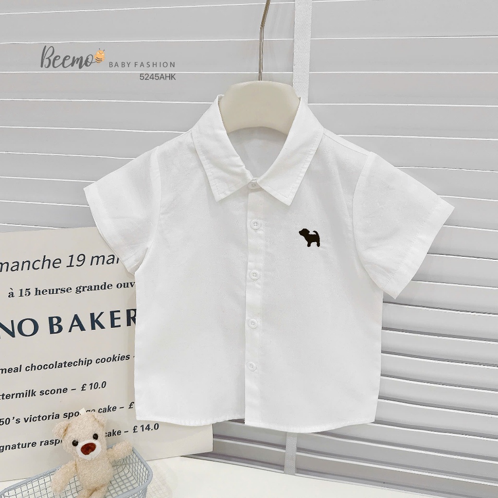 Áo sơ mi cộc tay bé trai thêu hình chú chó, áo sơ mi thô mềm mát basic trơn màu 5245AHK