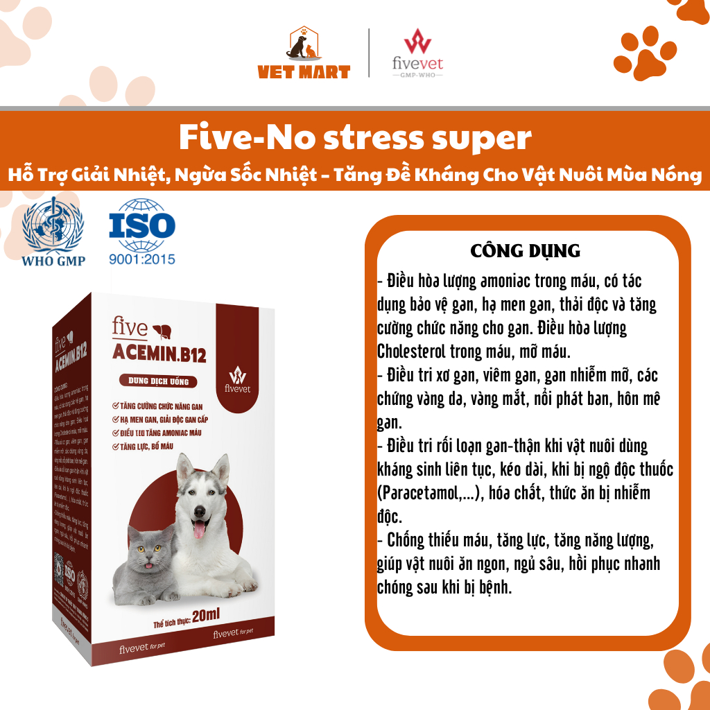 Five-Acemin B12 FOR PET Bổ Gan, Giải Độc, Hạ Men Gan, Tăng Lực, Bổ Máu Cho Gà Đá & Chim Cảnh