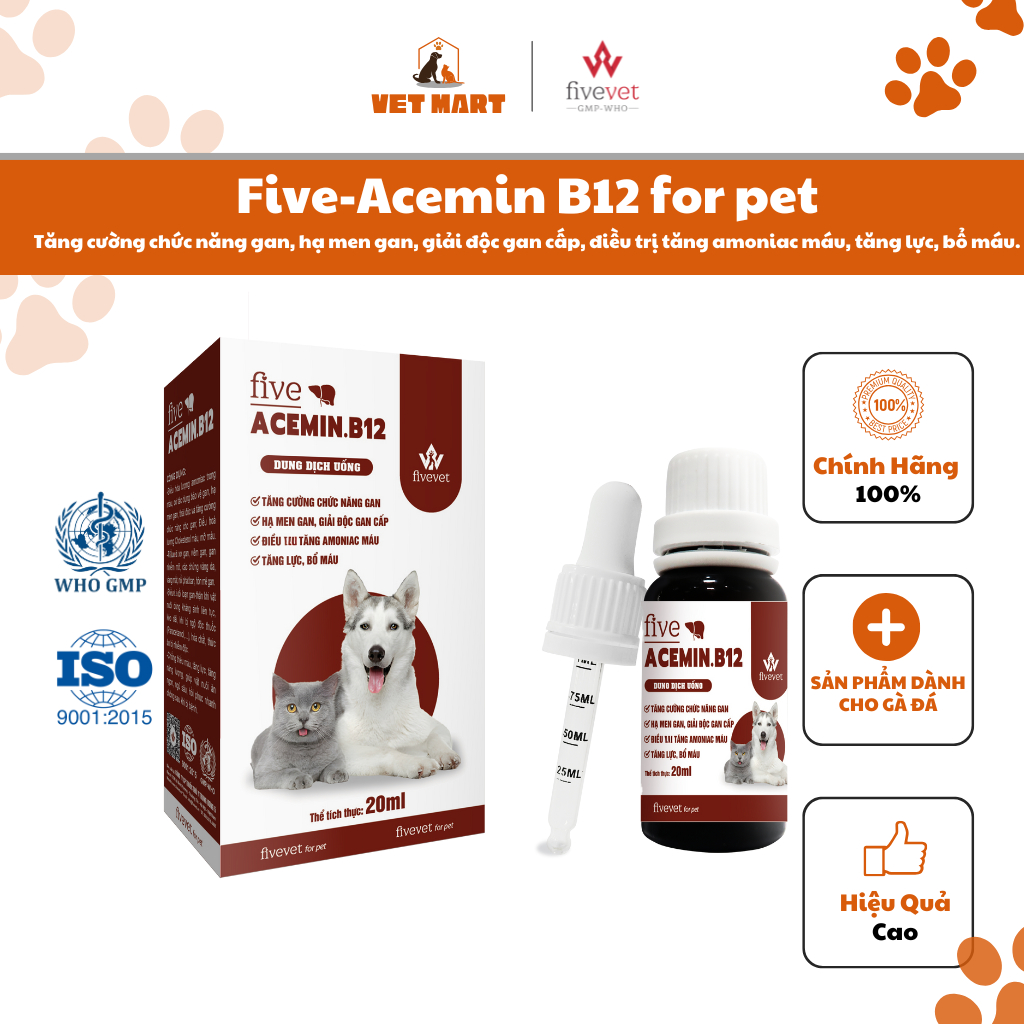 Five-Acemin B12 FOR PET Bổ Gan, Giải Độc, Hạ Men Gan, Tăng Lực, Bổ Máu Cho Gà Đá & Chim Cảnh
