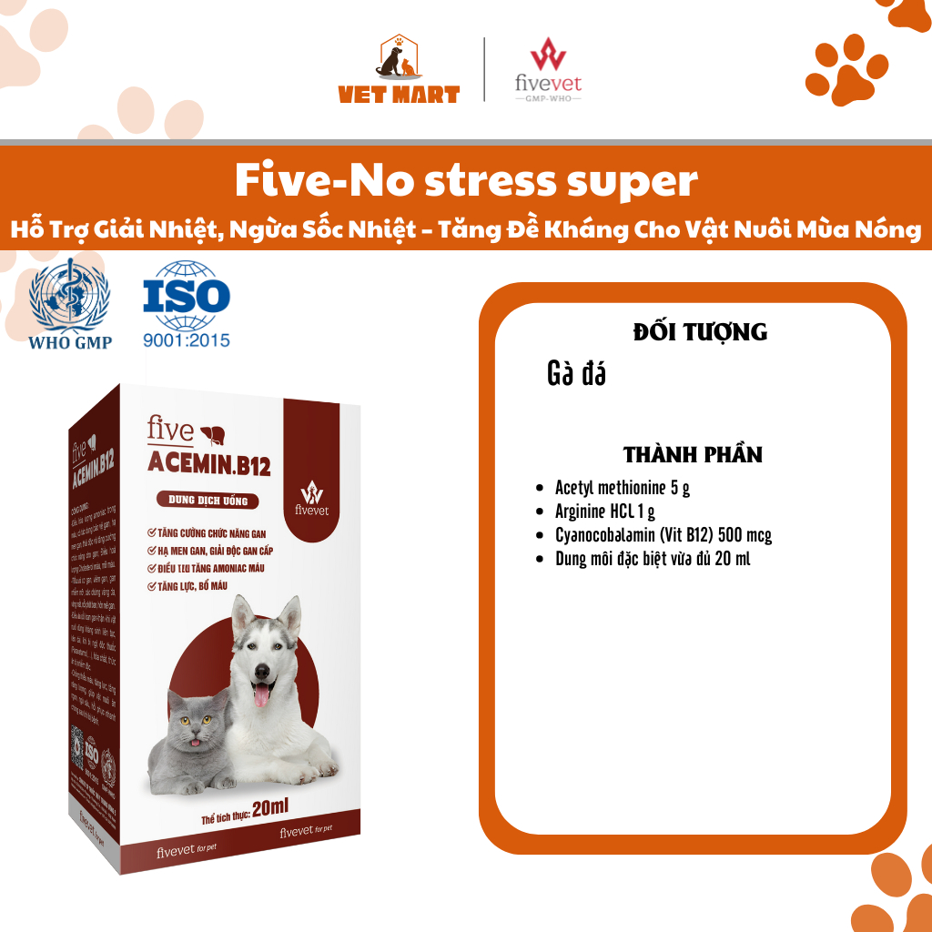 Five-Acemin B12 FOR PET Bổ Gan, Giải Độc, Hạ Men Gan, Tăng Lực, Bổ Máu Cho Gà Đá & Chim Cảnh