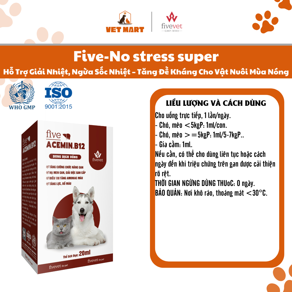 Five-Acemin B12 FOR PET Bổ Gan, Giải Độc, Hạ Men Gan, Tăng Lực, Bổ Máu Cho Gà Đá & Chim Cảnh