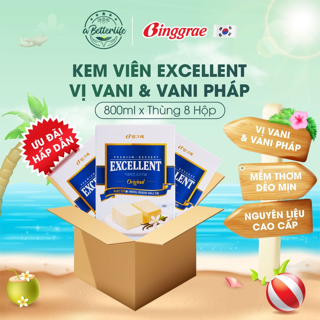 Thùng 8 hộp kem viên vani Hàn Quốc Binggrae Excellent 800ml 16 viên/1 ...
