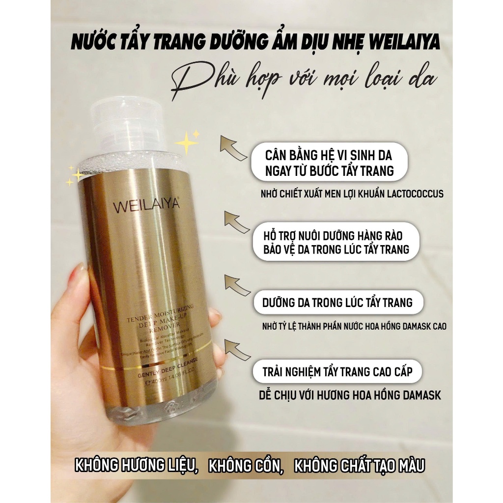 Tẩy trang dưỡng ẩm Weilaiya Tender Moisturizing Deep Make-up Remover 400ml phù hợp cho mọi loại da