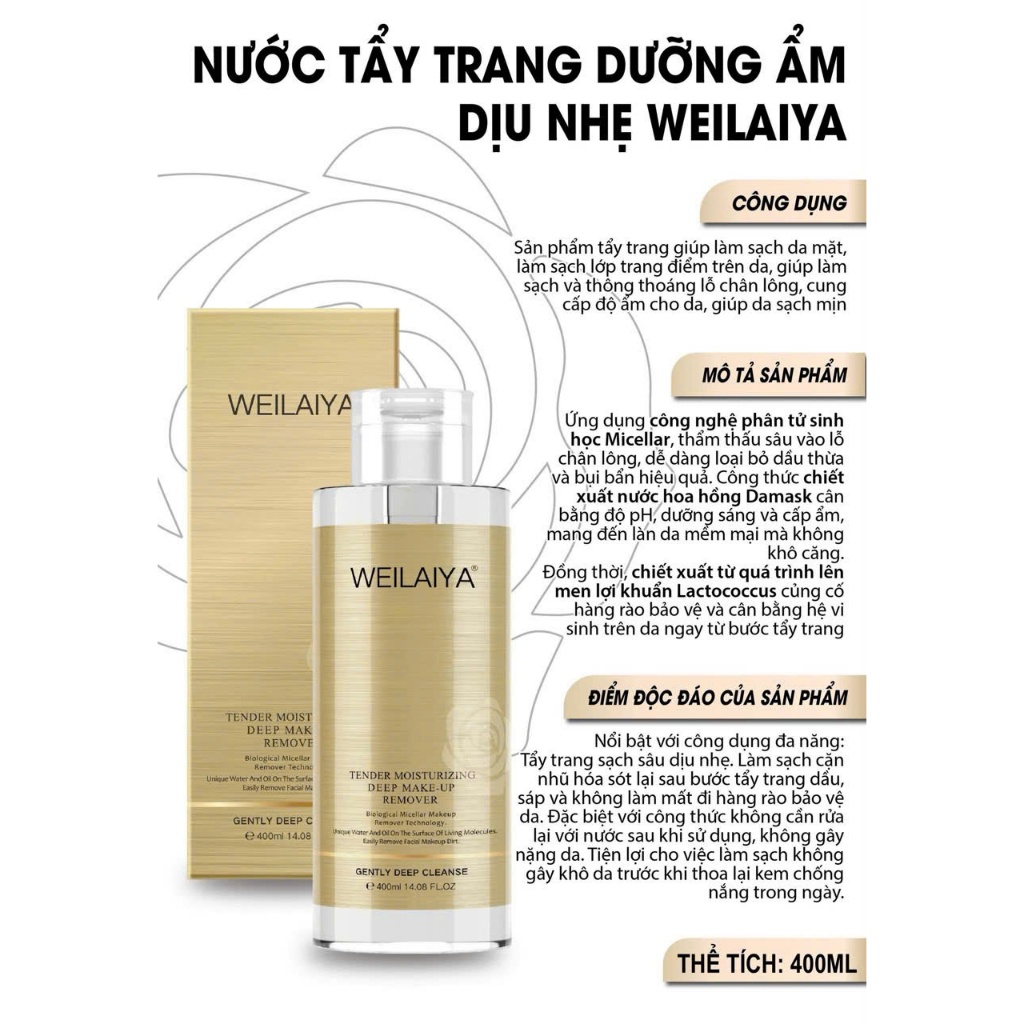 Tẩy trang dưỡng ẩm Weilaiya Tender Moisturizing Deep Make-up Remover 400ml phù hợp cho mọi loại da