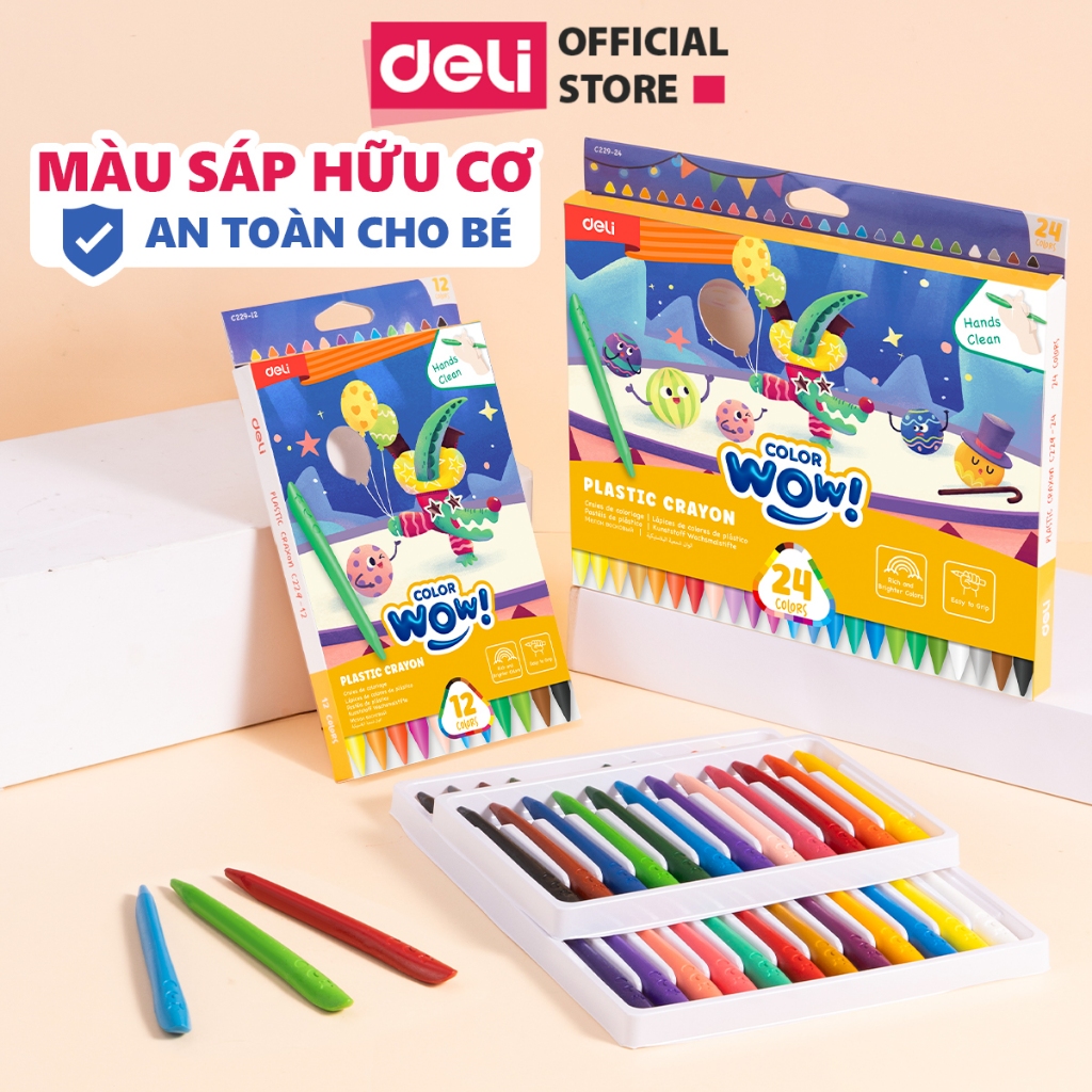 Bút Sáp Màu Hữu Cơ Deli 12/ 24 Màu  An toàn Cho Bé Tập Vẽ Màu Sắc Tươi Sáng Tập  Vẽ Tranh Tô Màu Mỹ Thuật Không Dính Tay