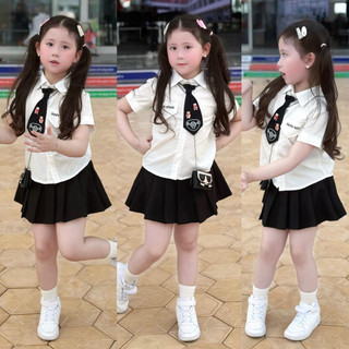 Váy bé gái,Sét áo sơ mi trắng kít ty mix váy xoè kèm cà vạt cho bé gái