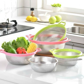 Rổ Inox Viền Xanh 27CM Cao Cấp - Chubby Chef Rửa Rau Củ Trái Cây Vo gạo Tiện lợi dễ sử dụng an toàn sức khỏe