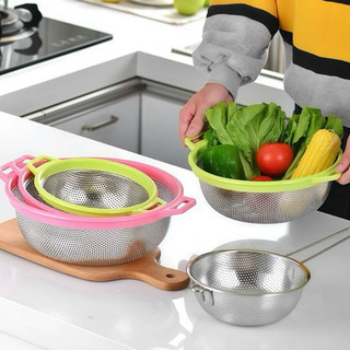 Rổ Inox Viền Xanh 27CM Cao Cấp - Chubby Chef Rửa Rau Củ Trái Cây Vo gạo Tiện lợi dễ sử dụng an toàn sức khỏe
