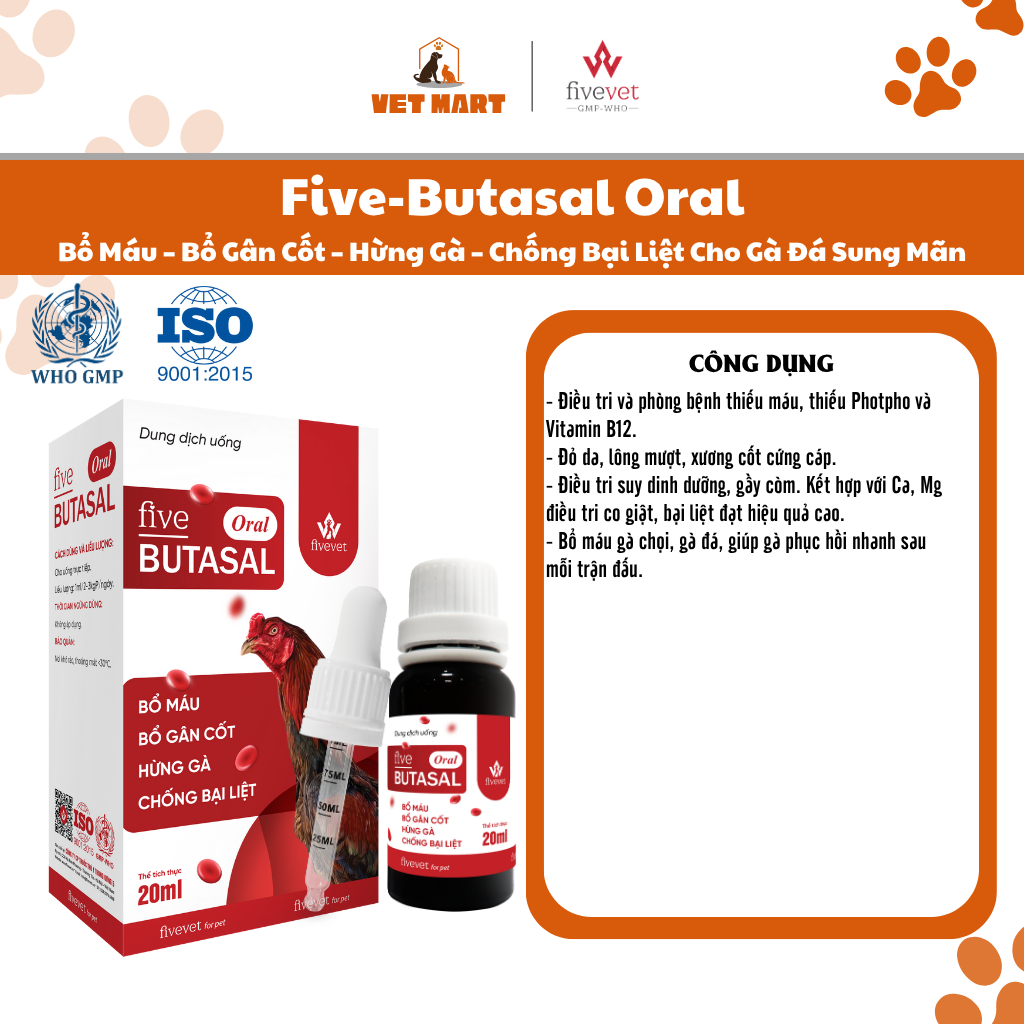 Five-Butasal Oral Bổ Máu ,Bổ Gân Cốt, Hừng Gà ,Chống Bại Liệt Cho Gà Đá Sung Mãn (20ml)
