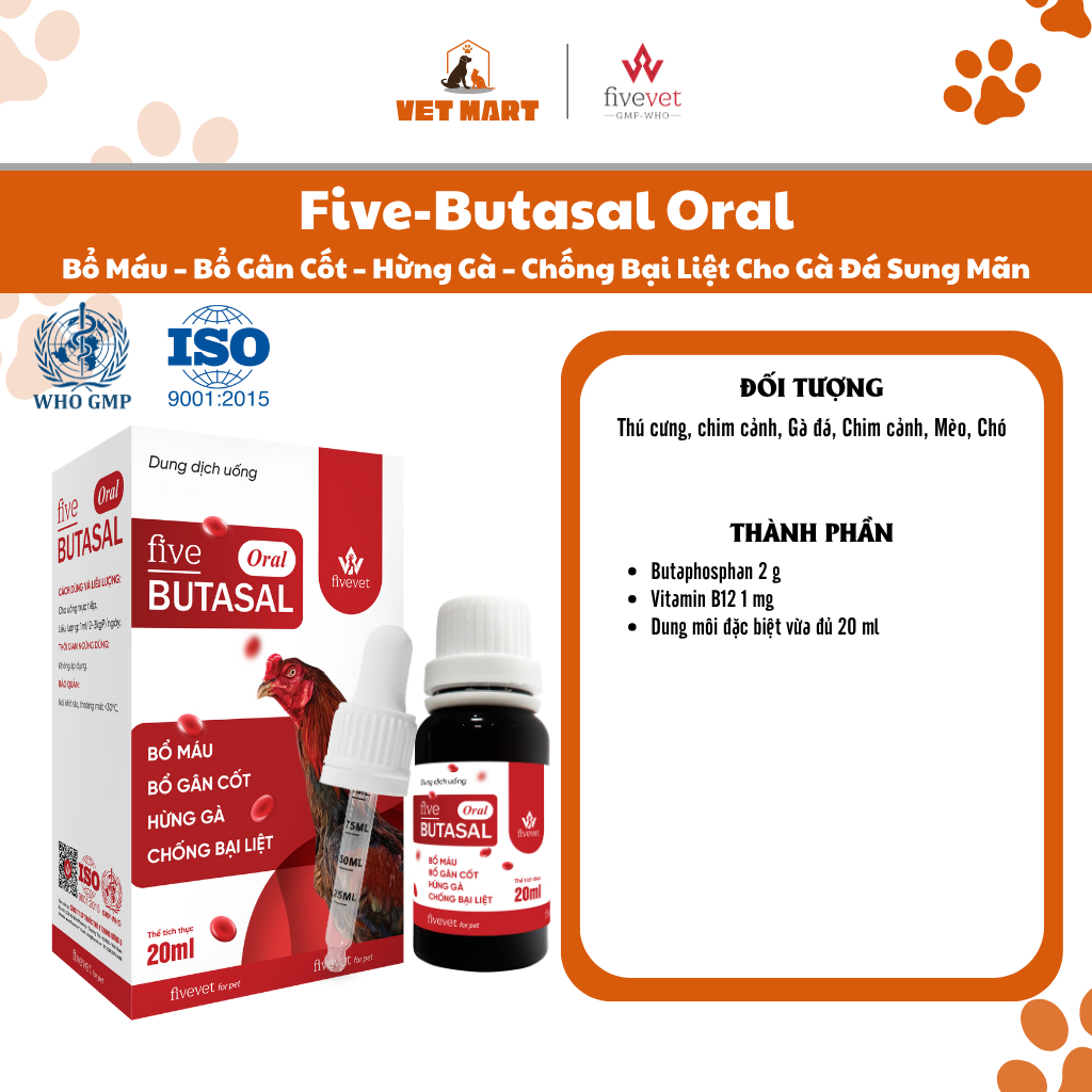 Five-Butasal Oral Bổ Máu ,Bổ Gân Cốt, Hừng Gà ,Chống Bại Liệt Cho Gà Đá Sung Mãn (20ml)