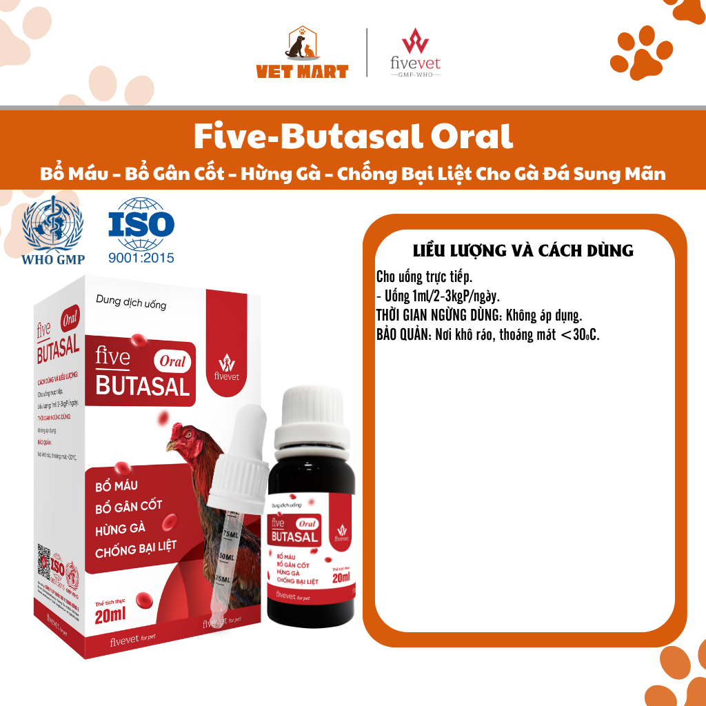 Five-Butasal Oral Bổ Máu ,Bổ Gân Cốt, Hừng Gà ,Chống Bại Liệt Cho Gà Đá Sung Mãn (20ml)