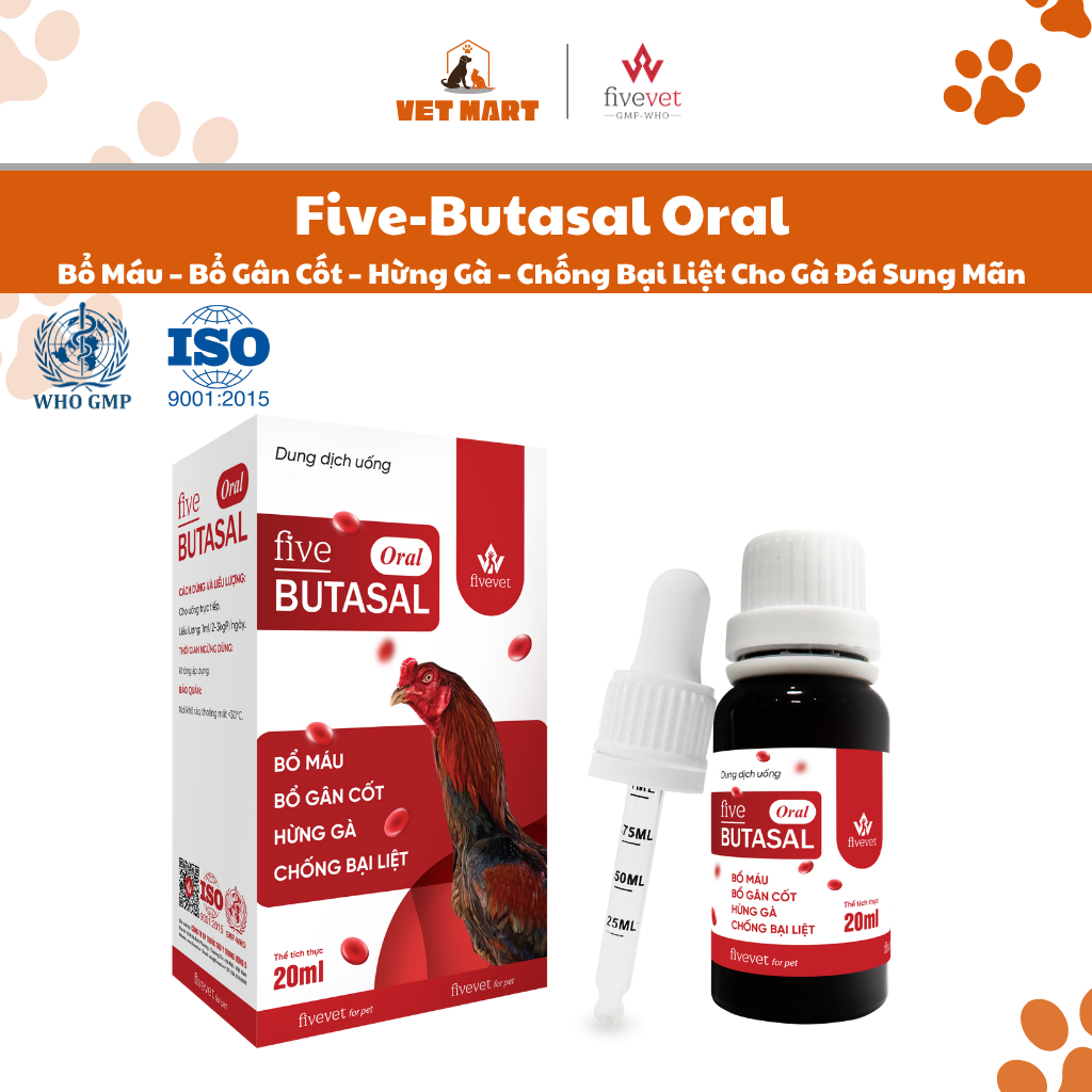 Five-Butasal Oral Bổ Máu ,Bổ Gân Cốt, Hừng Gà ,Chống Bại Liệt Cho Gà Đá Sung Mãn (20ml)