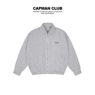 Áo khoác nam HURA phom rộng CAPMAN CLUB, dáng boxy lửng họa tiết kẻ sọc trắng đen trẻ trung