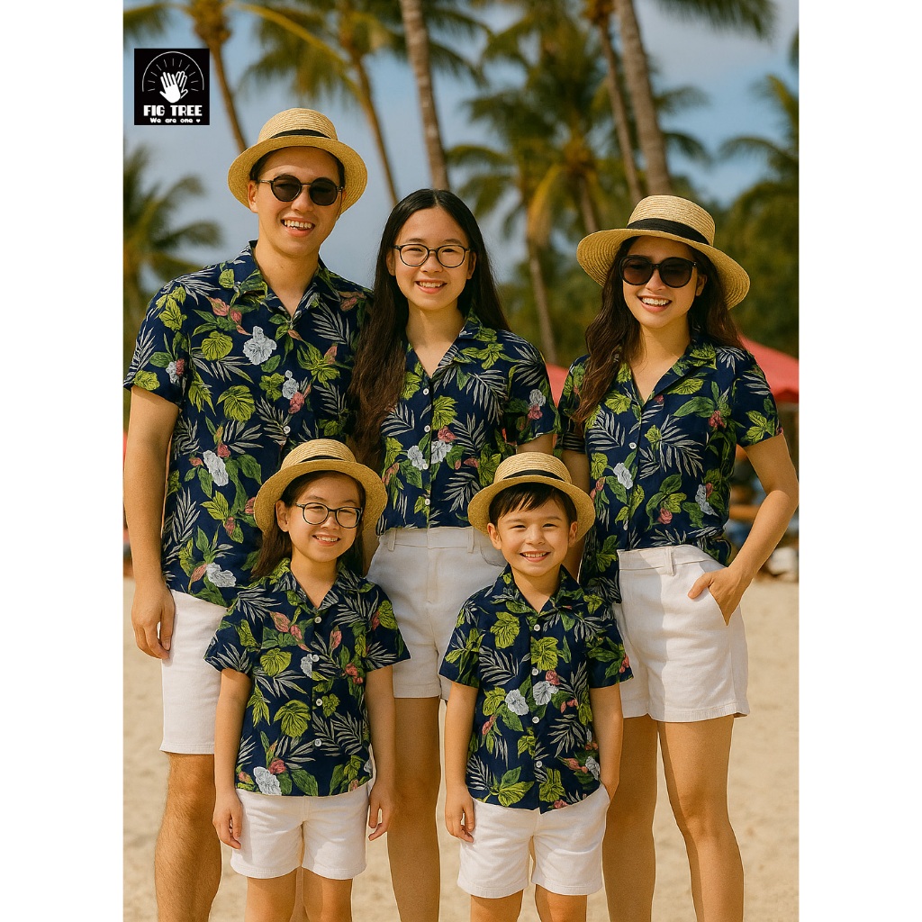 Áo Sơ Mi Gia Đình Fig Tree Họa Tiết Lá Mùa Hè, Họa Tiết Màu Xanh Đen, Chất Đũi Cá Tính ( MS :178)