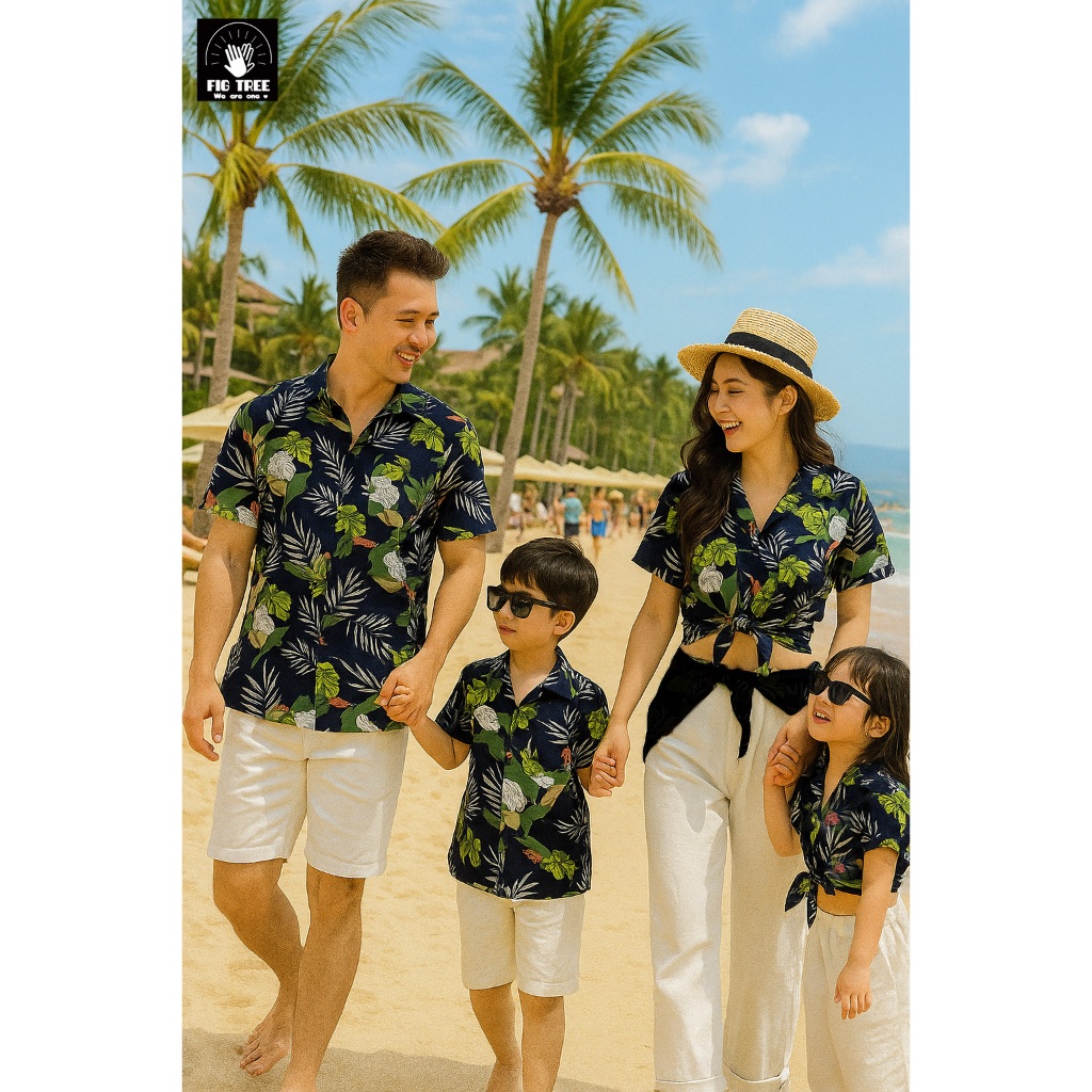 Áo Sơ Mi Gia Đình Fig Tree Họa Tiết Lá Mùa Hè, Họa Tiết Màu Xanh Đen, Chất Đũi Cá Tính ( MS :178)
