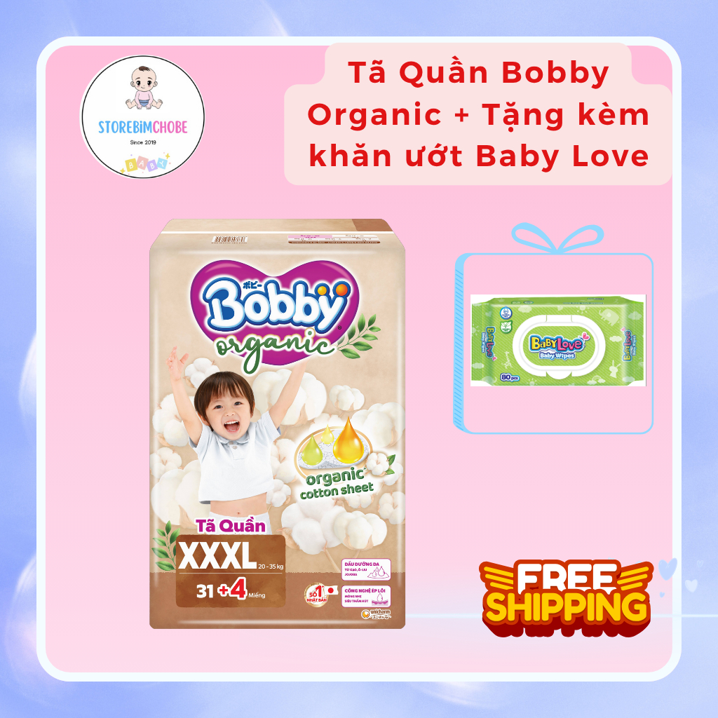 Tã quần BOBBY ORGANIC Size M/L/XL/XXL/XXXL Siêu Mỏng, Cotton Hữu Cơ, Thoáng Khí, Chống Tràn, Dịu Nhẹ Cho Bé