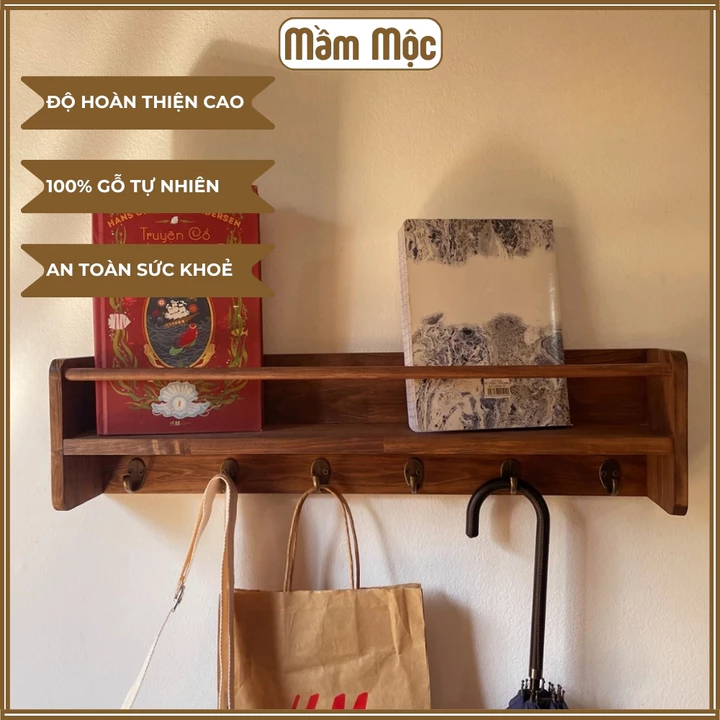 [GỖ DÀY 2CM] Giá gỗ treo quần áo decor phòng có ngăn để đồ lưu niệm, Kệ trang trí phòng, decor homestay, màu gỗ óc chó