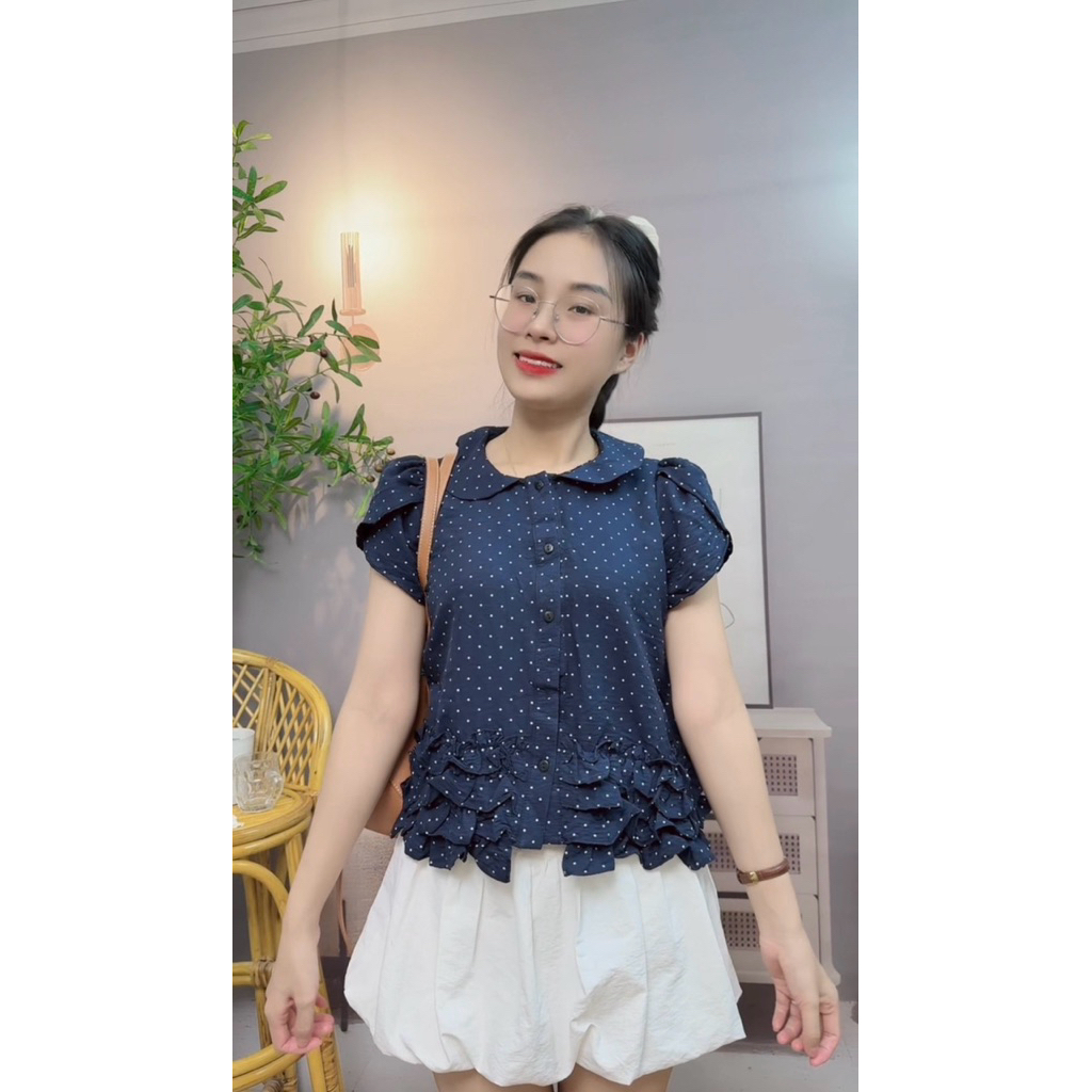[Deal mở bán] Áo sơmi cổ bèo tay cánh tiên họa tiết chấm bi hàng QC 26239 A118