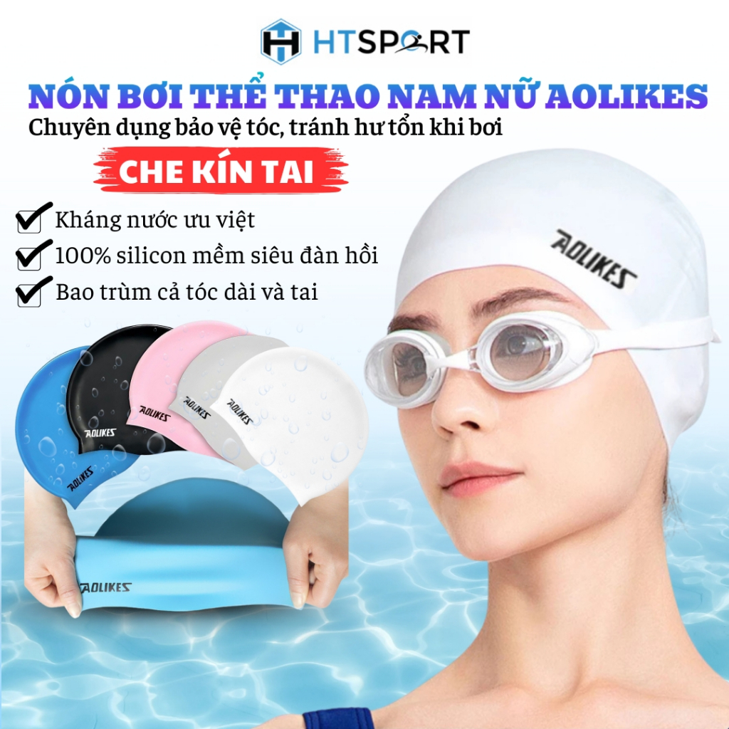 Mũ Bơi, Nón Bơi Người Lớn Nam Nữ Che Tai Silicon Chống Nước Cao Cấp Aolikes AL5010