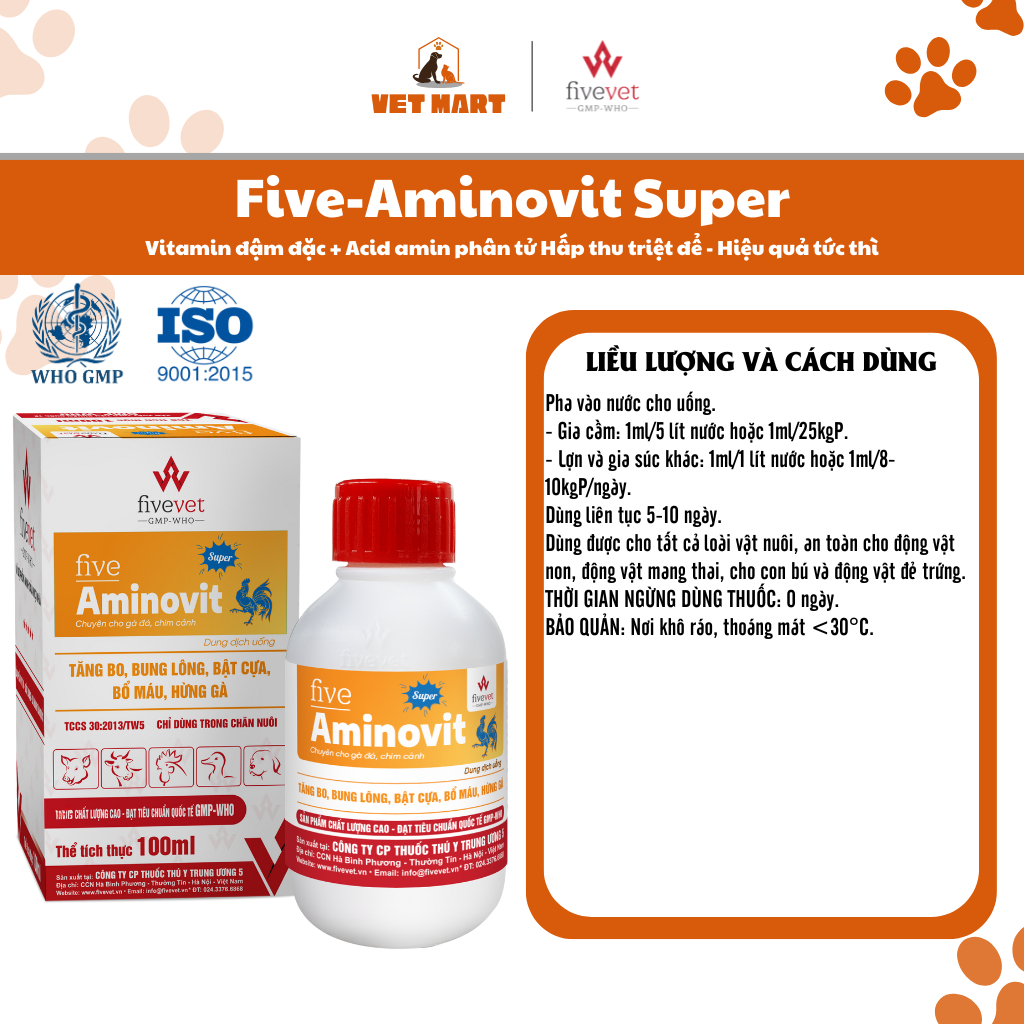 Five-Aminovit Super Vitamin Đậm Đặc Acid Amin Hấp Thu Nhanh Hỗ Trợ Sung Mãn Khỏe Mạnh Gà Đá(100ml)