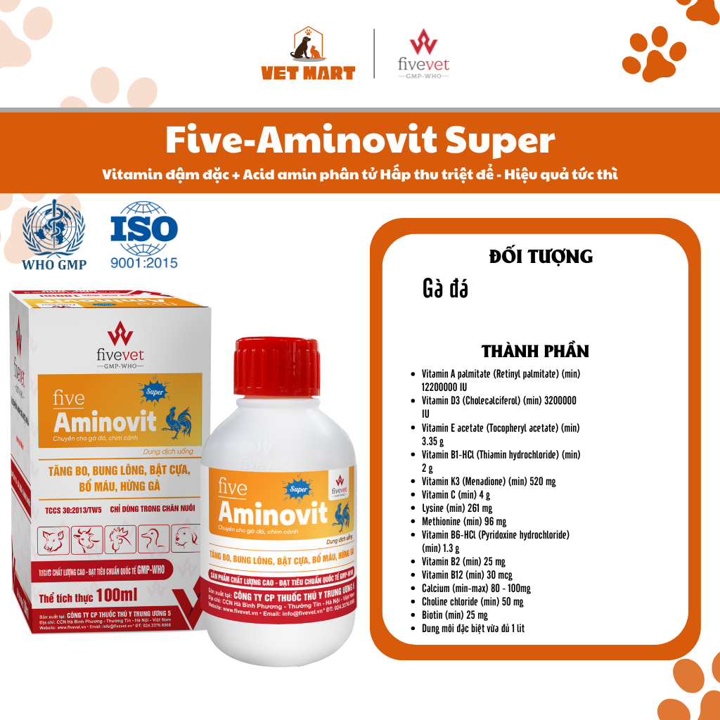Five-Aminovit Super Vitamin Đậm Đặc Acid Amin Hấp Thu Nhanh Hỗ Trợ Sung Mãn Khỏe Mạnh Gà Đá(100ml)