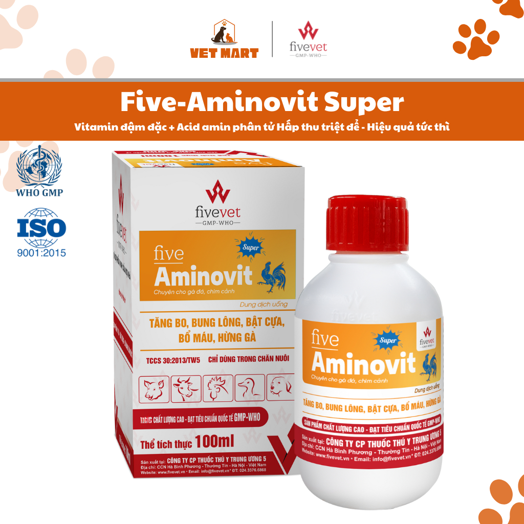 Five-Aminovit Super Vitamin Đậm Đặc Acid Amin Hấp Thu Nhanh Hỗ Trợ Sung Mãn Khỏe Mạnh Gà Đá(100ml)
