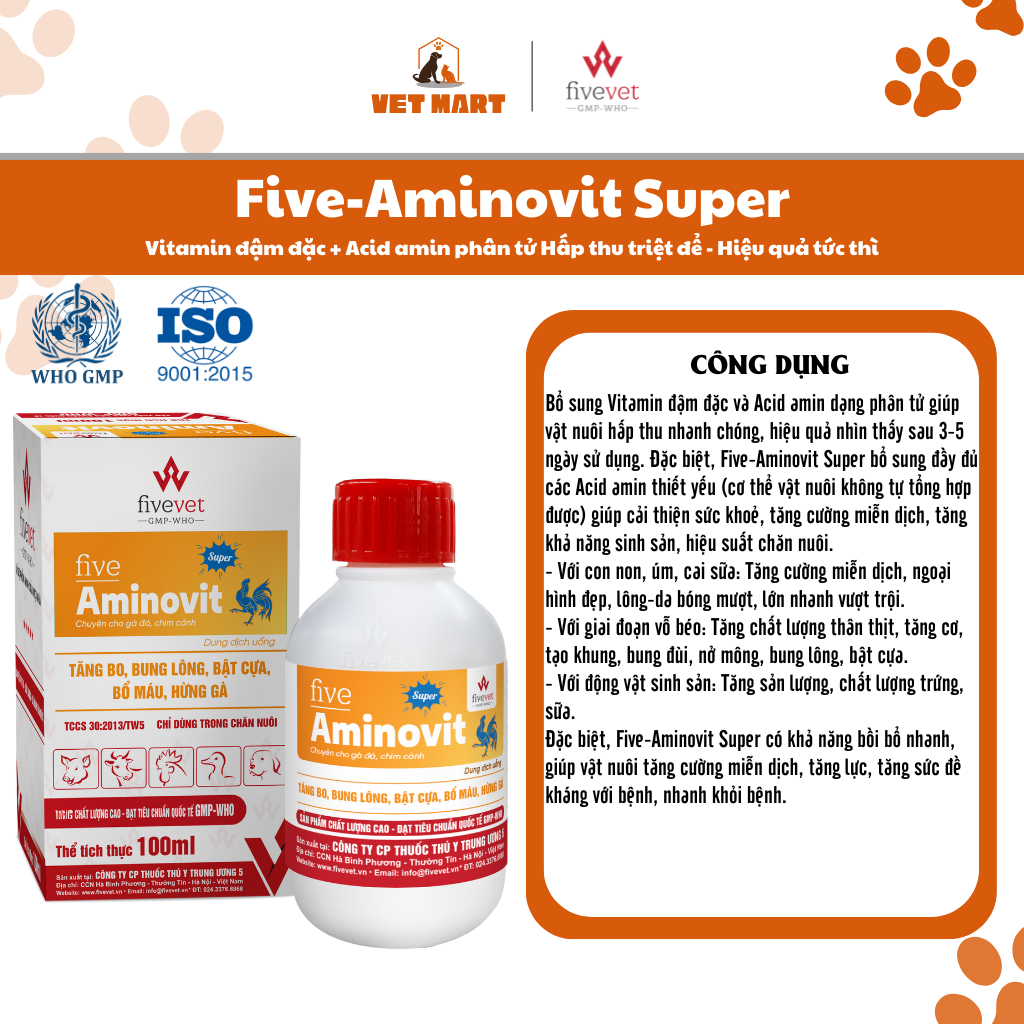 Five-Aminovit Super Vitamin Đậm Đặc Acid Amin Hấp Thu Nhanh Hỗ Trợ Sung Mãn Khỏe Mạnh Gà Đá(100ml)