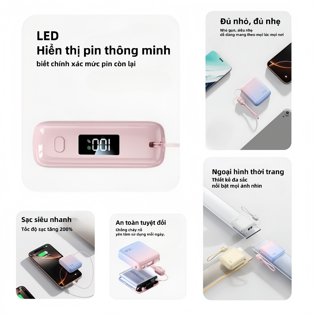 Sạc dự phòng 20000mAh SiamBoost,tích hợp dây sạc nhanh cho điện thoại,Pin Dự Phòng 10000mAh mini nhỏ gọn | BigBuy360 - bigbuy360.vn