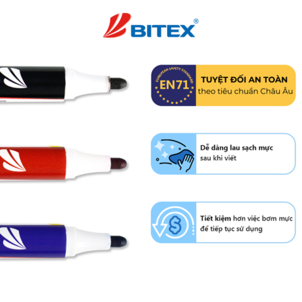 Product image Hộp 10 cây bút lông viết bảng Bitex WB01 mực xanh/ đỏ/ đen 2