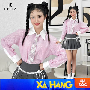 Áo sơ mi nữ kẻ sọc màu hồng form rộng khoác ngoài đi biển chống nắng dài tay cổ bẻ basic chất thô DELIZ sm15