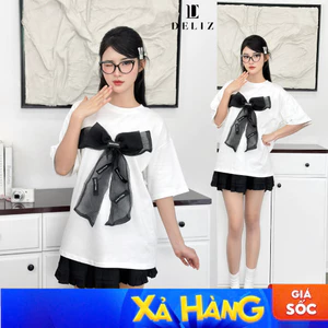 Áo phông nữ ngắn tay form rộng đính nơ to cổ tròn màu trắng basic hottrend cotton mát hàng thiết kế AP23 DELIZ