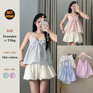Áo Hai Dây Kẻ  Buộc Nơ Chun Sau2 Màu Xanh, Hồng 581