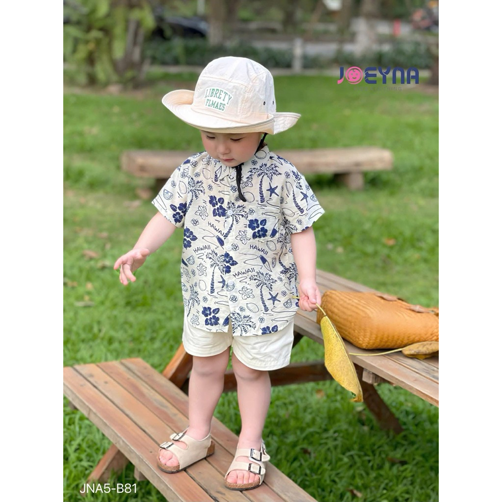 Set Bộ Bé Trai Joeyna Cộc Tay Họa Tiết Đi Biển Chất Đũi (Size 80–130, 8–23kg) – Đồ Bộ Mùa Hè Cho Bé JNA