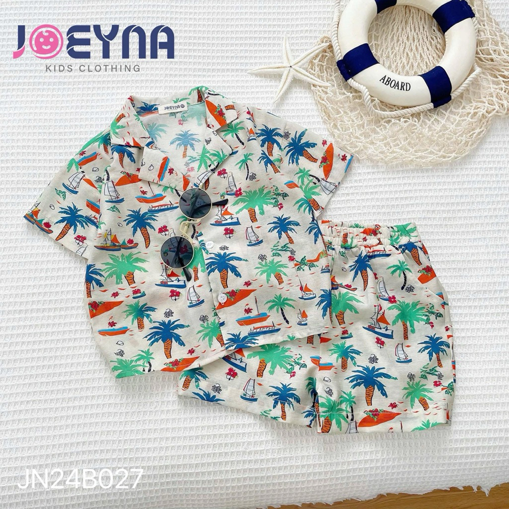 Set Bộ Bé Trai Joeyna Cộc Tay Họa Tiết Đi Biển Chất Đũi (Size 80–130, 8–23kg) – Đồ Bộ Mùa Hè Cho Bé JNA