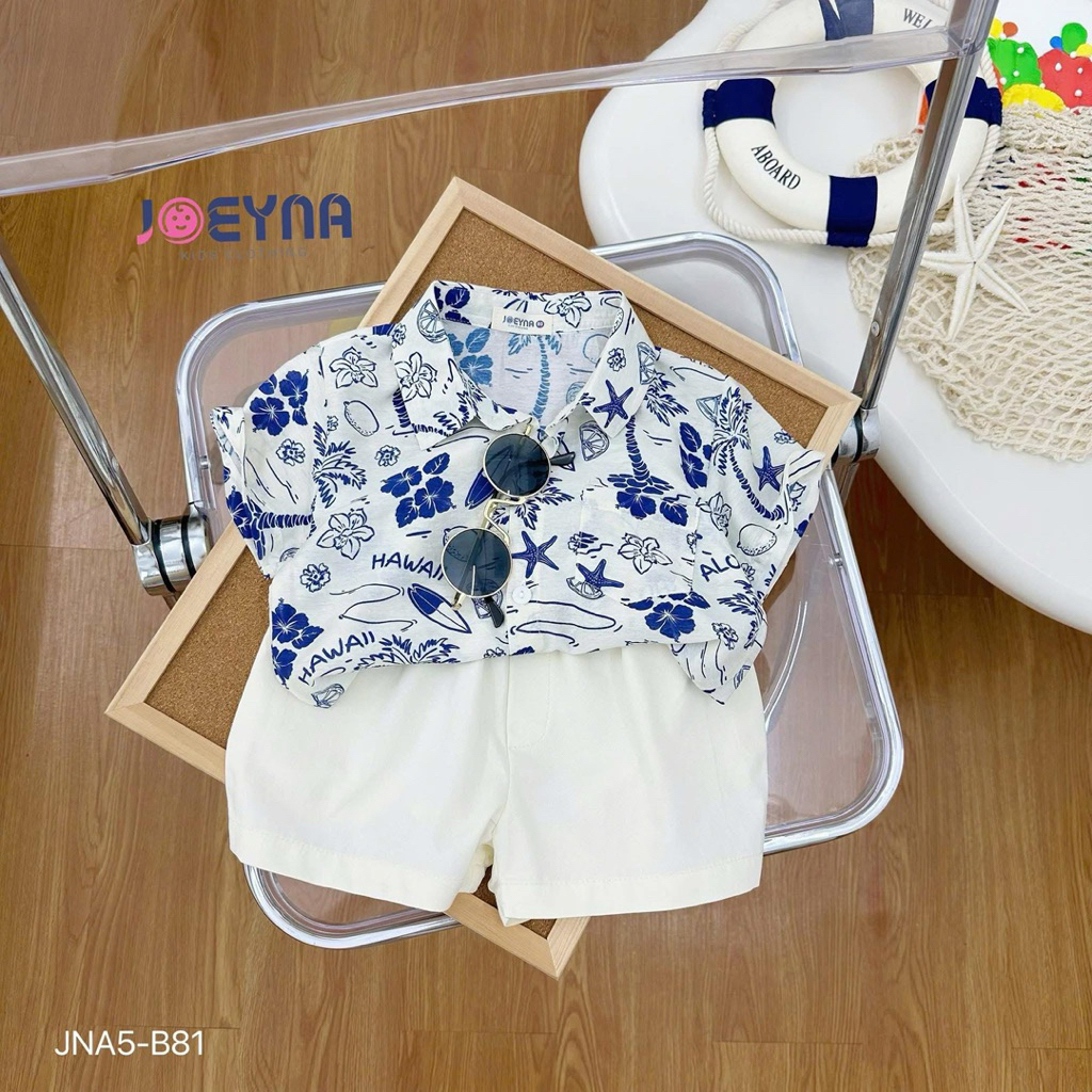 Set Bộ Bé Trai Joeyna Cộc Tay Họa Tiết Đi Biển Chất Đũi (Size 80–130, 8–23kg) – Đồ Bộ Mùa Hè Cho Bé JNA