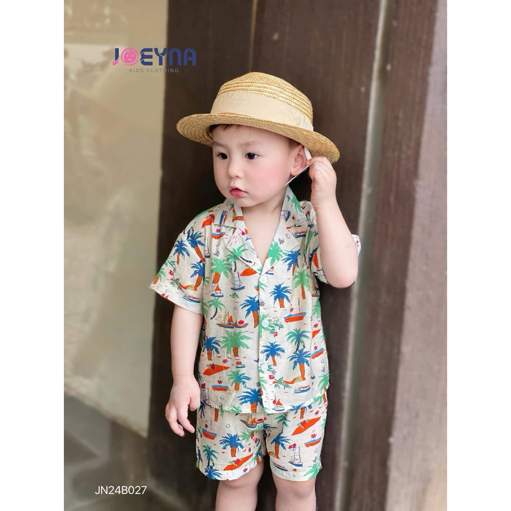 Set Bộ Bé Trai Joeyna Cộc Tay Họa Tiết Đi Biển Chất Đũi (Size 80–130, 8–23kg) – Đồ Bộ Mùa Hè Cho Bé JNA