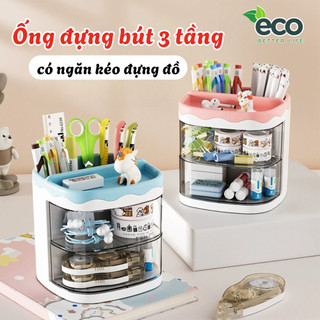 Ống Đựng Bút Để Bàn 3 Tầng ECO, Hộp Đựng Cọ Trang Điểm, Mỹ Phẩm Ngăn Kéo Trong Suốt
