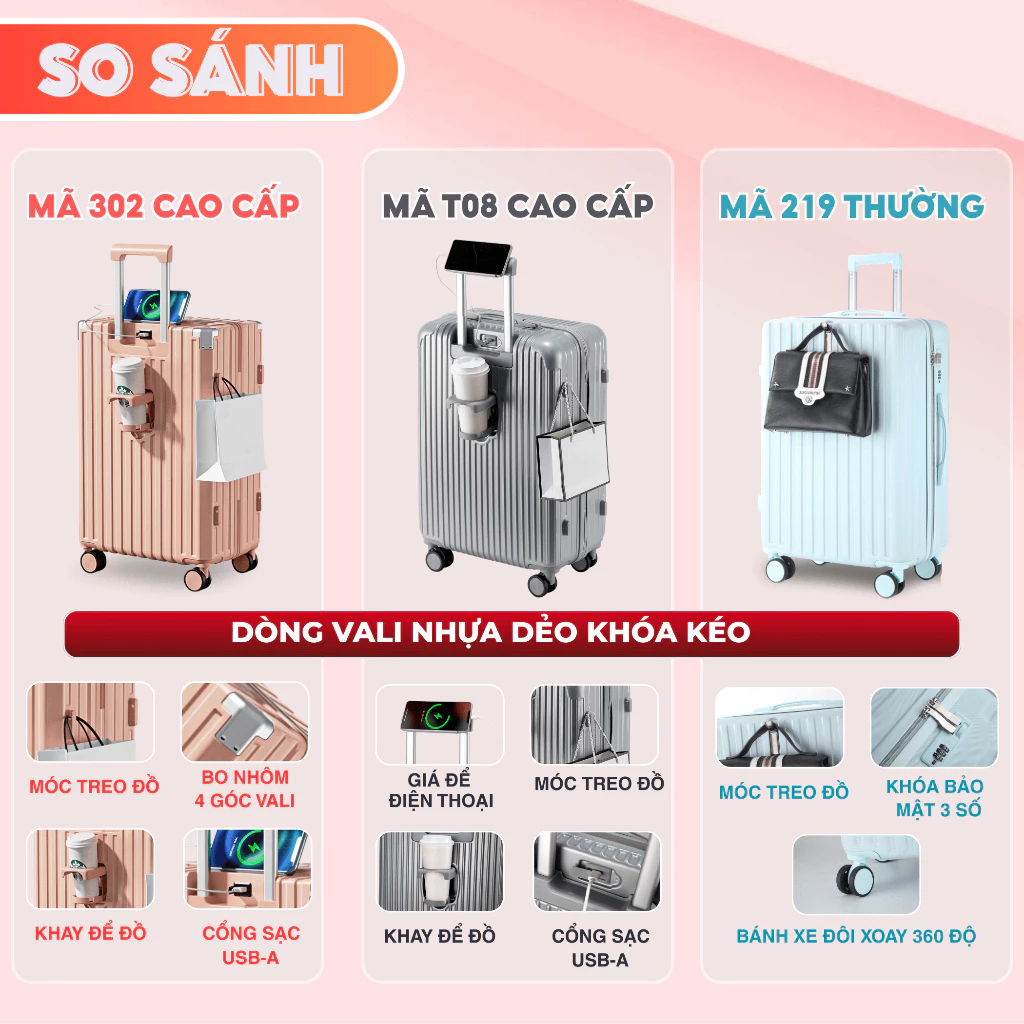 Vali Du Lịch Khóa Kéo Kingsun 219/302/T08 Size 20/24/28 Nhựa ABS+PC Cao Cấp  Bảo Hành 5 Năm