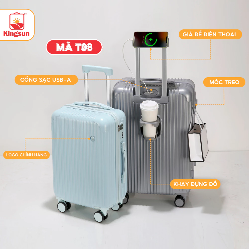 Vali Du Lịch Khóa Kéo Kingsun 219/302/T08 Size 20/24/28 Nhựa ABS+PC Cao Cấp  Bảo Hành 5 Năm
