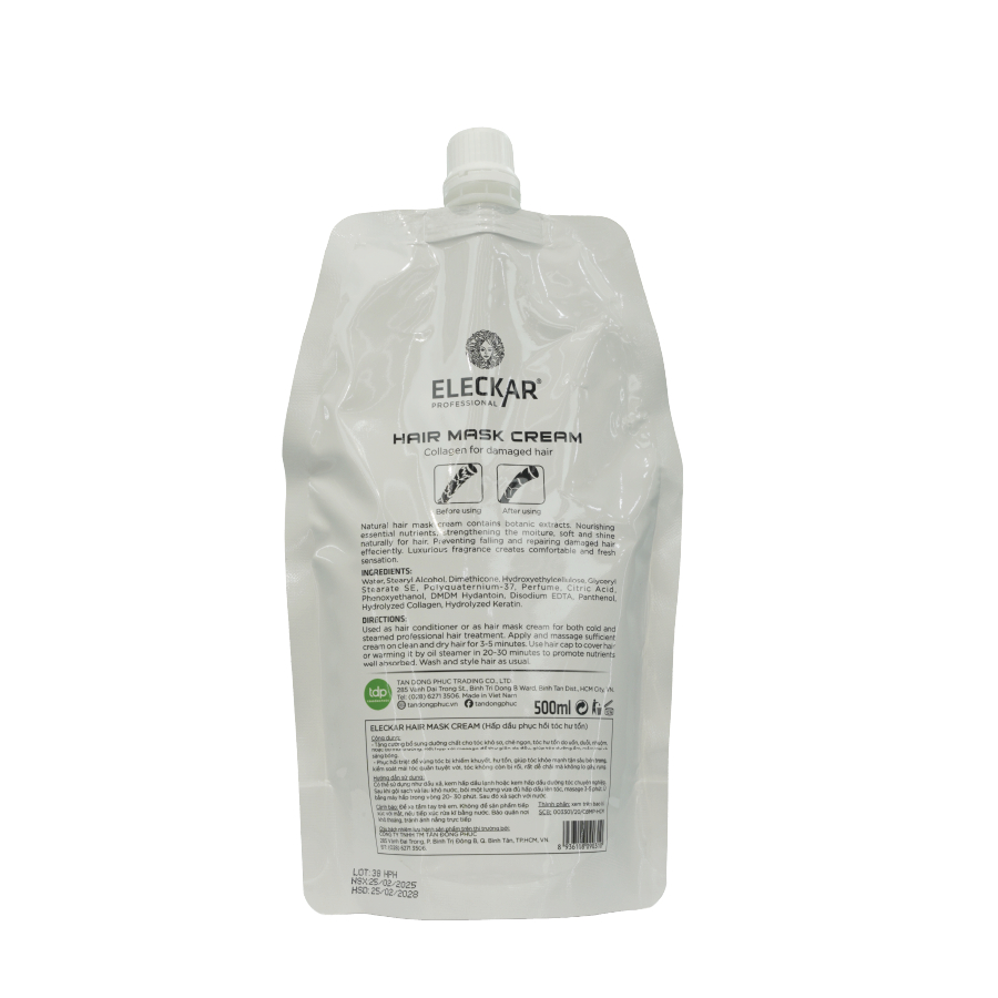 Kem ủ hấp keratin phục hồi tóc Vitamin Complex Eleckar Pro tăng cường độ đàn hồi cho tóc túi 500ml