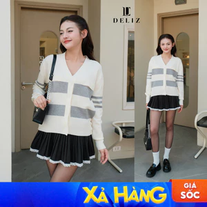 Áo len nữ cardigan khoác ngoài dài tay phối màu xám trắng cổ tròn thời trang thu đông hàn quốc DELIZ CD841