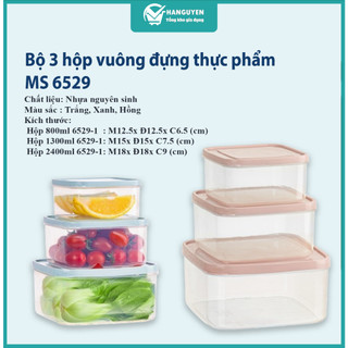 Bộ 3 hộp vuông trong HOKORI nhựa Việt Nhật cao cấp - Đựng thực phẩm, rau củ thịt cá để tủ lạnh  MS: 6529