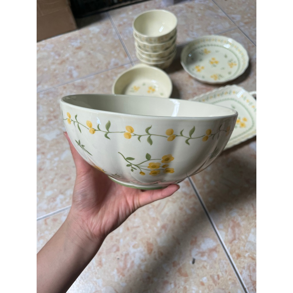 Bộ bát đĩa ăn cơm HOA CÚC VÀNG, bát đĩa gốm sứ mai vàng sang trọng cho gia đình phong cách Vintage